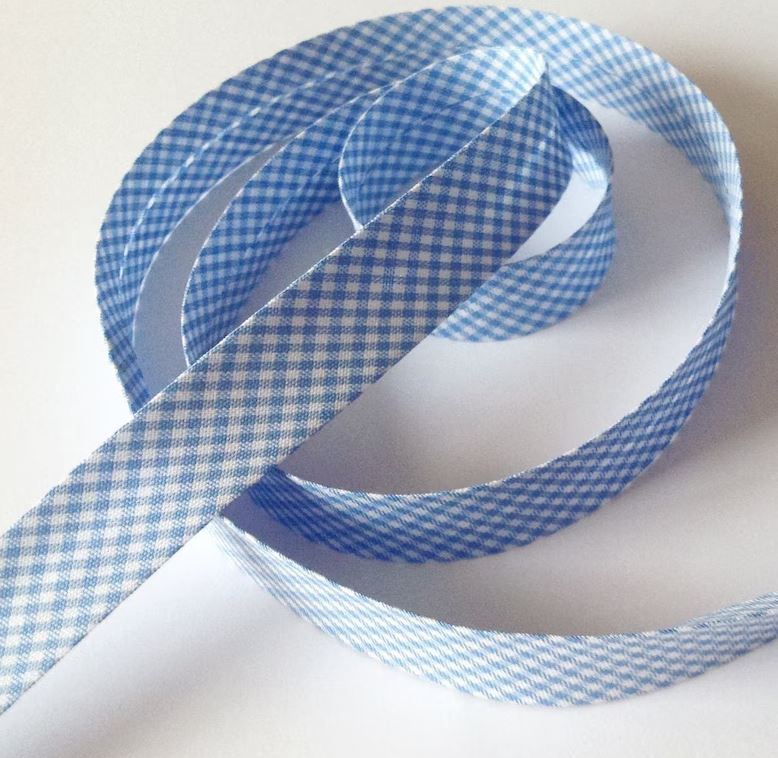 Baby blue gingham bias binding in pre-folded cotton